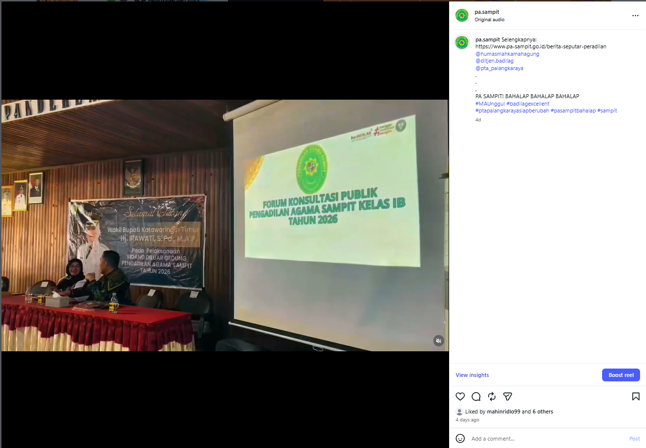 936. Forum Konsultasi Publik PA Sampit Kelas IB Tahun 2026 Didokumentasikan Melalui Video dan Dipublikasikan di Media Sosial