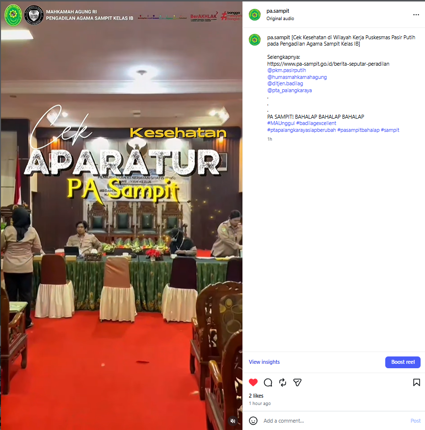 1062. Dokumentasi Video Kegiatan Cek Kesehatan Aparatur Pengadilan Agama Sampit Kelas IB Diunggah ke Media Sosial