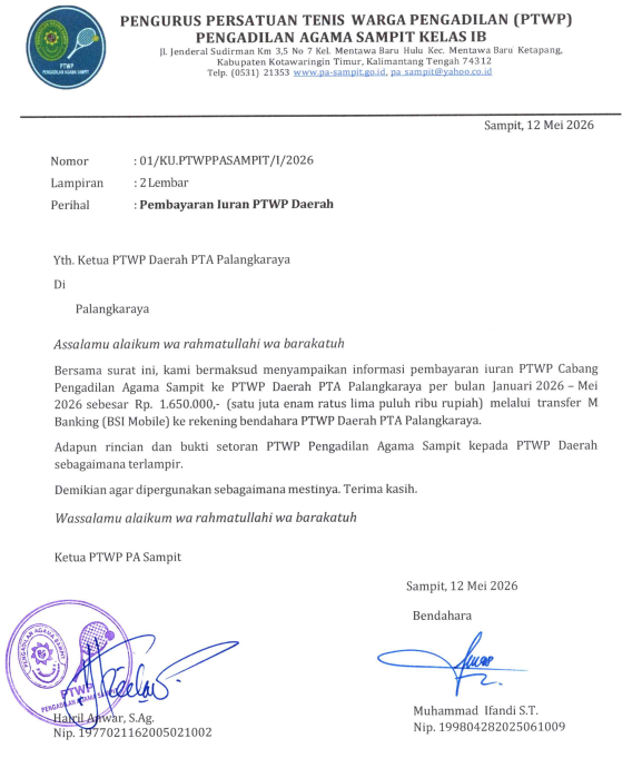 1063. Persatuan Tenis Warga Pengadilan (PTWP) Pengadilan Agama Sampit Kelas IB Laksanakan Pembayaran Iuran PTWP Daerah Tahun 2026