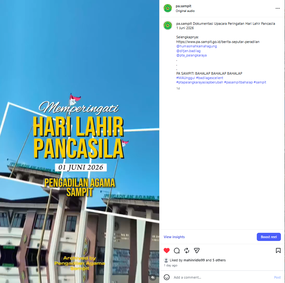1140. PA Sampit Publikasikan Dokumentasi Video Peringatan Hari Lahir Pancasila Tahun 2026