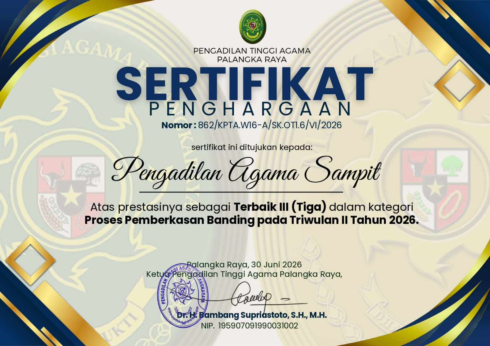 1302. PA Sampit Raih Terbaik III Kategori Proses Pemberkasan Banding Triwulan II Tahun 2026